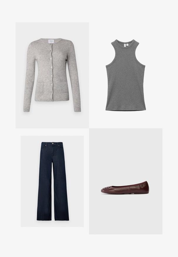 Vihreä kashmir-neulecardigan, jossa on pyöreä pääntie, pitkät hihat, nappikiinnitys ja kaksi etutaskua. Pehmeä rakenne klassisella istuvuudella.; Hihaton, harmaa ribbineulottu toppi, jossa pyöreä pääntie, aseteltu tasaisesti valkoiselle taustalle, laput näkyvissä kauluksessa.; Tummansiniset leveälahkeiset farkut, joissa edessä nappi, vyölenkit ja viiden taskun mallikuvio, yksivärisellä taustalla.; Ballet flat kulit burgundi dengan ujung bulat dan aksen logo berpola di bagian depan. Desain tanpa jahitan dan permukaan halus. Sol datar.