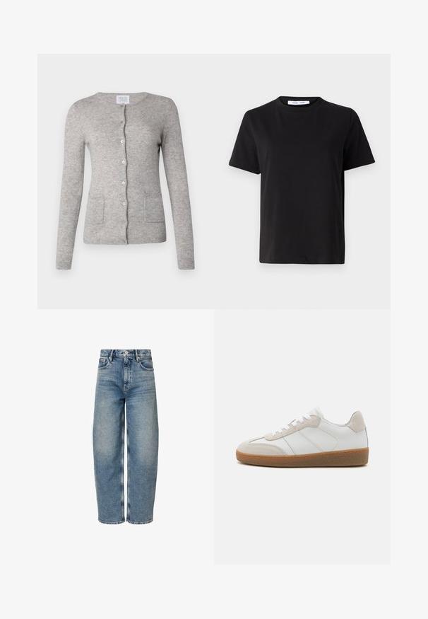 Grijze cashmere cardigan met een ronde halslijn, lange mouwen, knoopsluiting en twee voorzakken. Zachte textuur met een klassieke pasvorm.; Zwart T-shirt met korte mouwen, gemaakt van zachte katoen, met een ronde hals, een ontspannen pasvorm en een gladde textuur. Geen zichtbare patronen of opdrukken.; Lichtblauwe denimjeans met een ontspannen pasvorm, hoge taille, rechte pijpen en subtiele vervaging. Beschikt over een klassiek vijf-pocketontwerp en een knoopsluiting aan de voorkant.; Witte leren sneakers met beige suède accenten, een gestructureerde tong en een rubberen zool. Voorzien van witte veters en subtiele gestikte details.