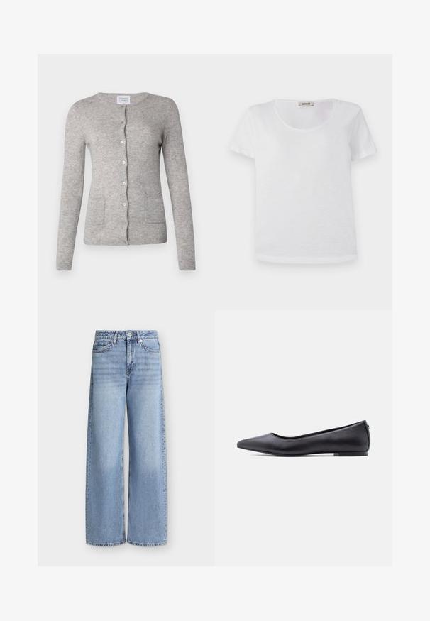 Grijze cashmere cardigan met een ronde halslijn, lange mouwen, knoopsluiting en twee voorzakken. Zachte textuur met een klassieke pasvorm.; Witte t-shirt met korte mouwen, gemaakt van zachte stof, met een ronde halslijn en een rechte zoom zonder zichtbare patronen of accenten.; Lichtblauwe jeans met wijde pijpen, voorzakken, riemlussen, knoopsluiting en vervaagde details op de dijen.; Zwarte platte leren schoen met puntige neus en lage hak, zijaanzicht tegen een witte achtergrond.