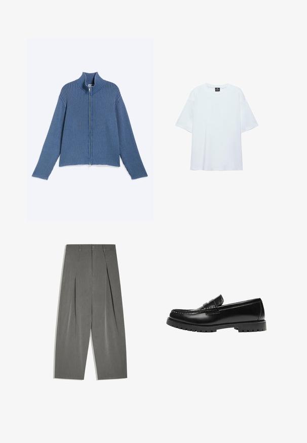 Pull zippé bleu en maille côtelée avec manches longues et col montant, posé à plat sur un fond clair.; T-shirt blanc uni oversize à manches courtes avec col rond et étiquette noire à l'intérieur du col sur fond blanc.; Pantalon gris à jambes larges, ajusté, avec plis à l'avant, fermeture par boutons et passants de ceinture, posé à plat sur un fond blanc.; Mocassin en cuir noir avec une semelle en caoutchouc épaisse et un détail classique de bride à monnaie, vu de côté extérieur.