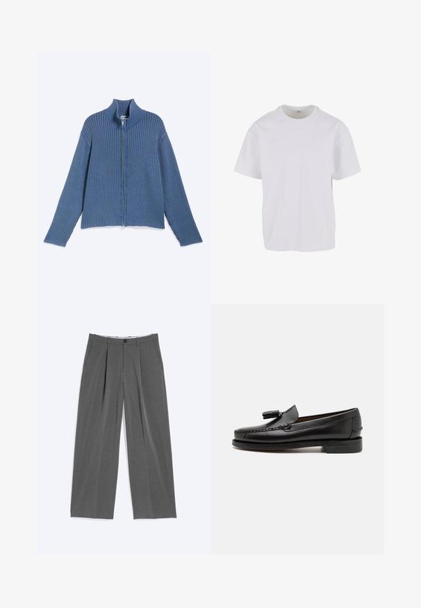 Suéter azul de punto acanalado con cremallera, mangas largas y cuello alto, colocado plano sobre un fondo claro.; Camiseta blanca lisa de manga corta y cuello redondo, mostrada sobre un fondo blanco, talla mediana visible en la etiqueta interior.; Pantalones grises de pierna ancha con finas rayas verticales, pinzas delanteras, bolsillos laterales, trabillas para cinturón y cierre con botón en la cintura.; Mocasines de cuero negro con costuras de mocasín, punta redonda y acento de borlas. Tacón plano con una textura suave, diseñados para uso casual.