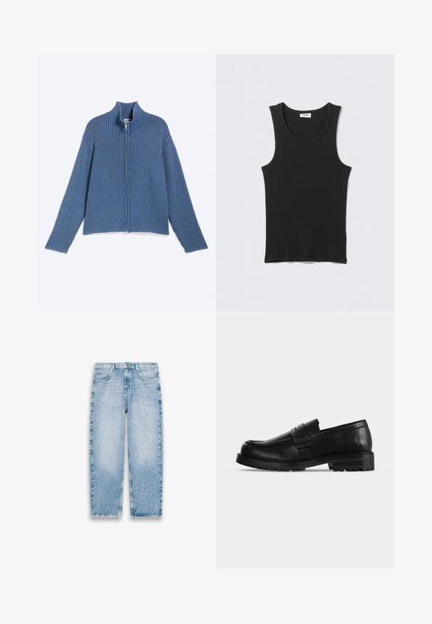 Pull zippé bleu en maille côtelée avec manches longues et col montant, posé à plat sur un fond clair.; Débardeur noir côtelé sans manches avec encolure ronde, posé à plat sur un fond gris clair. L'étiquette indique « WEEKDAY ».; Jean en denim bleu clair à coupe droite avec cinq poches, passants pour ceinture, fermeture avant par bouton et zip sur fond blanc.; Mocassin en cuir noir avec semelle épaisse et couture moc toe, vu de profil sur un fond uni clair.