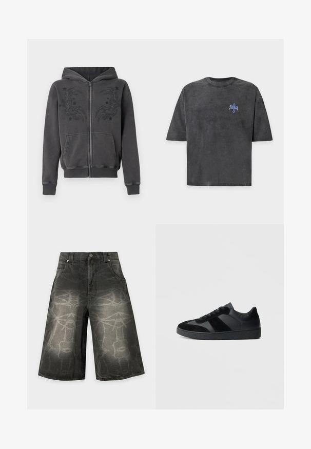 Sweat à capuche zippé gris foncé avec poches avant et motif brodé de lune et d’étoiles tribales sur la poitrine.; T-shirt gris charbon à manches courtes avec une texture délavée et un petit logo graphique bleu sur le côté gauche de la poitrine.; Short en denim noir avec jambes larges et motifs de lignes abstraites délavées, bouton frontal, passants pour ceinture et poches latérales.; Baskets noires combinant cuir lisse et daim, avec une semelle en caoutchouc noire texturée et un détail de rayures discrètes.