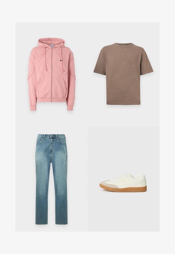 Lyserød zip-hættejakke lavet af blødt stof, med ribbede manchetter, kant og dekorativ syning langs ærmerne og foran. Justerbare hætte-snore.; Enkelt brun kortærmet bomulds-T-shirt med rund hals og afslappet pasform vist mod en lys grå baggrund.; Lyseblå jeans med lige ben, med falmet leopardprint på siderne, foran knaplukning og klassisk design med fem lommer.; Sneaker lavet af hvid læder med en beige tåhætte og let brunt gummisål. Har flade hvide snørebånd og prægede branding på siden.