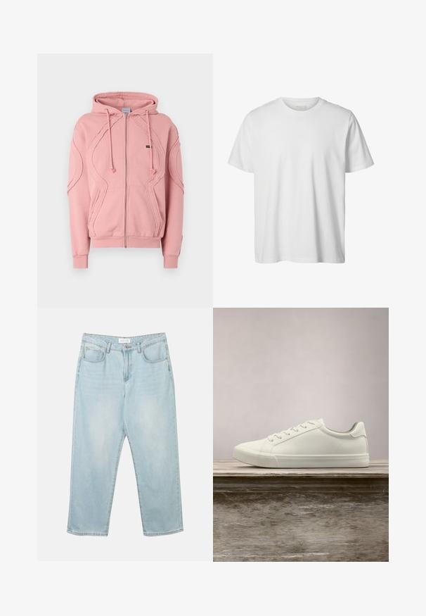 Lyserød zip-hættejakke lavet af blødt stof, med ribbede manchetter, kant og dekorativ syning langs ærmerne og foran. Justerbare hætte-snore.; Enkelt hvid T-shirt med korte ærmer og rund hals, løs pasform og uden synlige logoer eller designs foran.; Lys blå denim jeans med en afslappet pasform, fem lommer, en knaplukning og subtil fadeeffekt. Teksturen er glat og lidt slidt.; Hvide snørresneakers svævende over en træbænk med grønne planter i baggrunden, der fremhæver skodesign og tekstur.