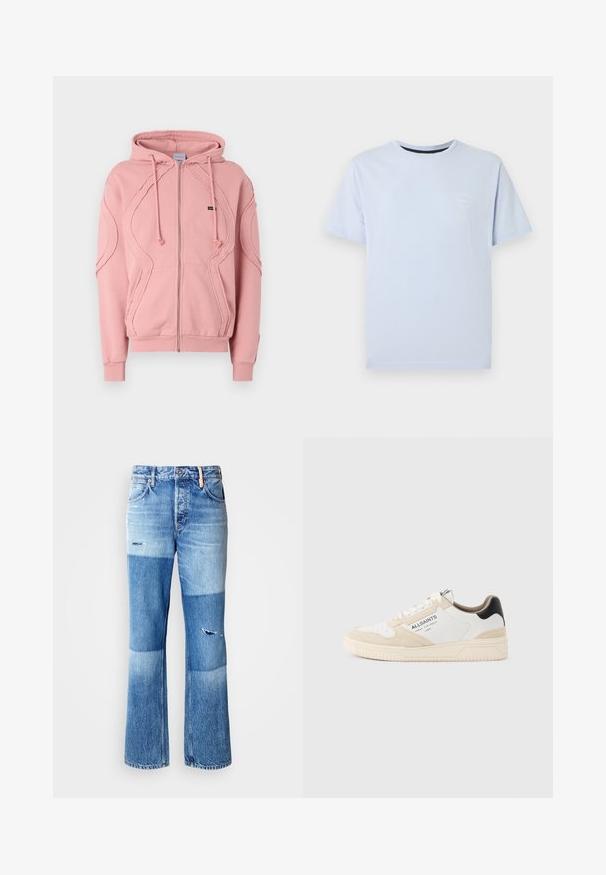 Lyserød zip-hættejakke lavet af blødt stof, med ribbede manchetter, kant og dekorativ syning langs ærmerne og foran. Justerbare hætte-snore.; Lyseblå T-shirt med korte ærmer og rund hals, med en lille hvid logo på venstre bryst, vist mod en ensfarvet hvid baggrund.; Blå denim jeans med vidde, med et patchwork-design, der har lysere og mørkere nuancer, slidte detaljer og en traditionel fem-lomme-stil.; Hvid og beige lavtop-sneaker med sort detaljer på hælen, perforeret tå, snørelukning og "ALLSAINTS" branding på siden.
