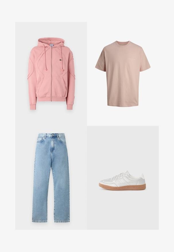 Lyserød zip-hættejakke lavet af blødt stof, med ribbede manchetter, kant og dekorativ syning langs ærmerne og foran. Justerbare hætte-snore.; Lyserød kortærmet bomulds-T-shirt med rund hals og lille hvid tekst "ORIGINALS" på venstre bryst.; Lyseblå højttaljede jeans med lige ben, forlommer, bæltestropper, knaplukning og synlige syninger på en neutral baggrund.; Sølv sneakers med en glat overflade, snørebånd, perforerede detaljer og en struktureret brun gummi sål.