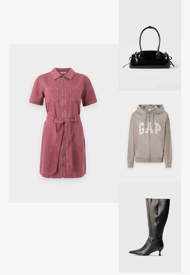 Lyst grå zip-up hættejakke med frontlommer, snorhætte og stort "GAP" logo på brystet i fed skrift.; Kortærmet støvet rosa denimkjole med frontlynlås, to brystlommer, krave og matchende stofbælte bundet i taljen.; Sort knæhøj læderstøvle med spids tå og lav kittenhæl, vist på en enkel lys baggrund.; Lille sort blank håndtaske med to lange håndtag og snøre-detaljer i siden på en ensfarvet lys baggrund.