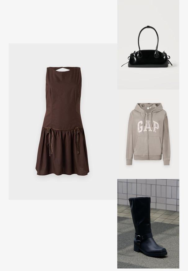 Lyst grå zip-up hættejakke med frontlommer, snorhætte og stort "GAP" logo på brystet i fed skrift.; Brun ærmeløs kjole med en tætsiddende overdel og udvidet nederdel. Har snøredetaljer i taljen og et åbent rygdesign.; Sort læderstøvle midt på læggen med lav blokhæle og en dekorativ rem med metal spænde rundt om anklen, på en flisebelagt fortov.; Lille sort blank håndtaske med to lange håndtag og snøre-detaljer i siden på en ensfarvet lys baggrund.
