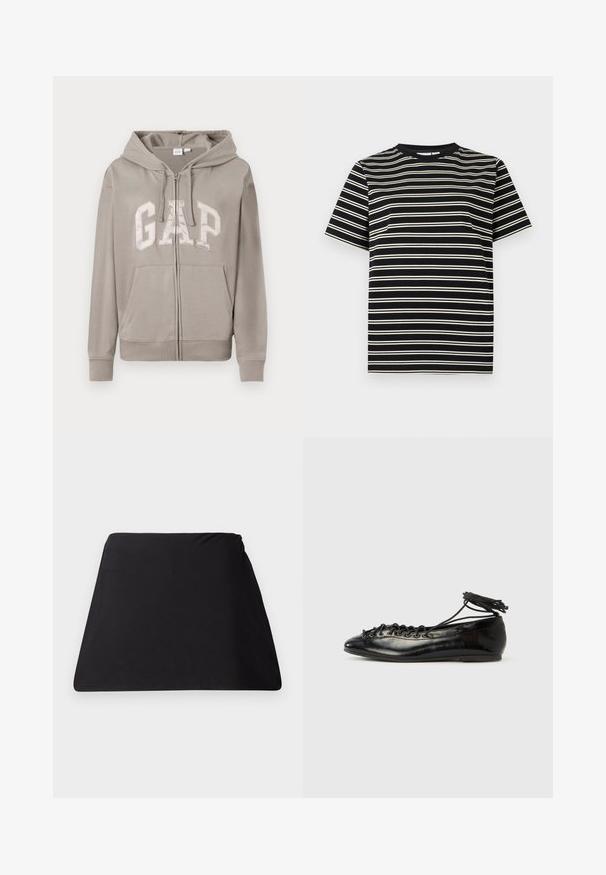 Lichtgrijze zip-up hoodie met voorzakken, capuchon met trekkoord en groot "GAP" logo over de borst in vetgedrukte letters.; Zwart T-shirt met korte mouwen, dunne witte horizontale strepen en een ronde hals, afgebeeld tegen een effen achtergrond.; Zwarte trapeziumvormige stofbedekking met een gladde textuur, naadloos ontwerp en geen zichtbare bevestigingsmiddelen. Eenvoudige vorm geschikt voor meerdere toepassingen.; Zwarte ballerina's van lakleer met een afgeronde neus, veterdesign en een platte zool. Glad oppervlak met minimale details.