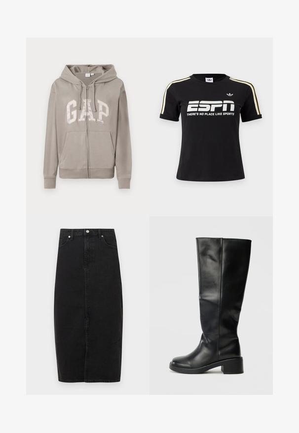 Lichtgrijze zip-up hoodie met voorzakken, capuchon met trekkoord en groot "GAP" logo over de borst in vetgedrukte letters.; Zwart T-shirt met korte mouwen met witte en gele strepen op de schouders, wit ESPN-logo en de tekst "There’s No Place Like Sports" op de voorkant.; Zwarte denimrok met een hoge taille, knielange zoom, voornaad en klassiek ontwerp met vijf zakken. Voorzien van metalen knoop en subtiele textuur.; Zwarte kniehoge laarzen van soepel leer, met een ronde neus en robuuste blokhak, met een eenvoudig ontwerp en zonder zichtbare hardware.