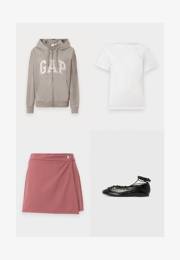 Lyst grå zip-up hættejakke med frontlommer, snorhætte og stort "GAP" logo på brystet i fed skrift.; Hvid t-shirt med korte ærmer og rund halsudskæring med en række dekorative perler langs kraven.; Kort støvet rosa slå-om nederdel med en lille sølvknap nær taljebåndet på en ensartet, lys baggrund.; Sorte balletflade sko i laklæder med rundet tå, snørelukning og flad sål. Glat tekstur med få detaljer.