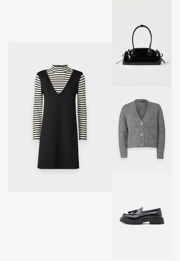 ONLY Petite ONLZOEY CARDIGAN - Strickjacke - dark grey melange; Schwarzes Kleid mit V-Ausschnitt, über einem gestreiften Rollkragenpullover mit langen Ärmeln. Das Kleid hat eine glatte Textur und eine figurbetonte Silhouette.; Schwarze Leder-Loafer mit spitz zulaufendem Design, Quastenakzent und grober Gummisohle mit Profil für besseren Halt.; Kleine schwarze glänzende Handtasche mit zwei langen Griffen und seitlichen Kordelzug-Details vor einfachem hellem Hintergrund.