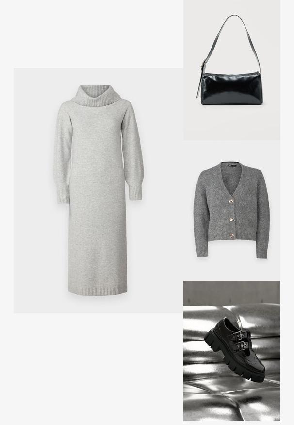 ONLY Petite ONLZOEY CARDIGAN - Vest - dark grey melange; Grijs gebreid jurkje met een colkraag, lange pofmouwen en geribbelde manchetten en zoom. De stof lijkt zacht en heeft een gestructureerde textuur.; Zwarte schoen met dikke zool en dubbele zilveren gespen die boven een glanzend metallic zilveren getufte oppervlak zweeft.; Zwarte rechthoekige schoudertas met een enkele verstelbare band en een bovenste ritssluiting op een effen achtergrond.