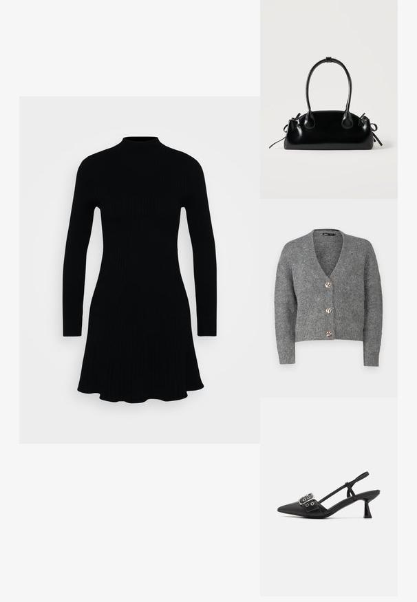ONLY Petite ONLZOEY CARDIGAN - Strickjacke - dark grey melange; Schwarzes, geripptes Kleid mit hohem Ausschnitt und langen Ärmeln. Der ausgestellte Saum sorgt für eine fließende Silhouette. Gleichmäßige, glatte Textur.; Simmi London DALA - Pumps - black; Kleine schwarze glänzende Handtasche mit zwei langen Griffen und seitlichen Kordelzug-Details vor einfachem hellem Hintergrund.
