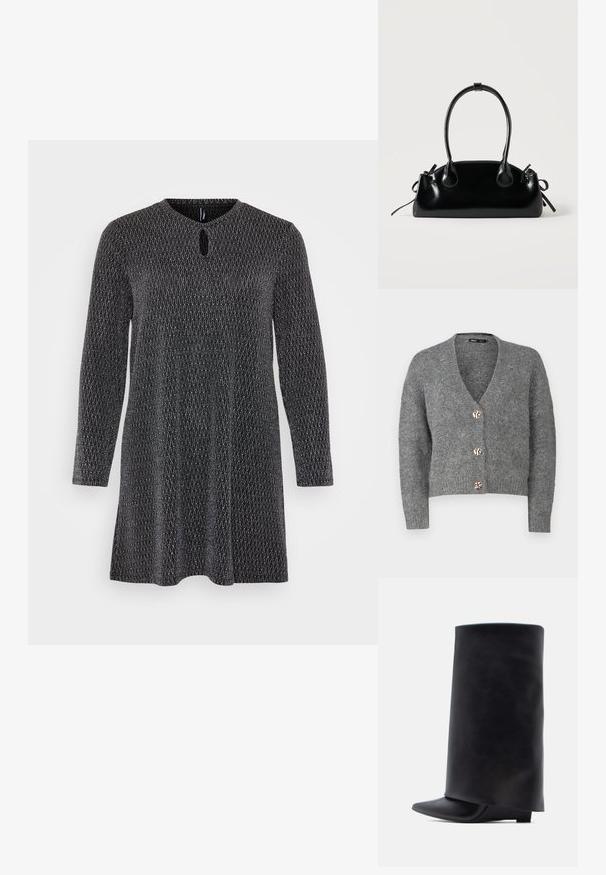 ONLY Petite ONLZOEY CARDIGAN - Kardigán - dark grey melange; Čierne šaty s dlhým rukávom a textúrovaným diamantovým vzorom, so zaobleným výstrihom a detailom v tvare kľúčovej dierky v prednej časti.; Čierne kožené členkové čižmy s vysokým valcovitým zvrškom, špicatou špičkou a nízkym plochým podpätkom, s hladkou textúrou a minimalistickým dizajnom.; Malá čierna lesklá kabelka s dvoma dlhými rúčkami a bočnými šnúrkovými detailmi na jednoduchom svetlom pozadí.