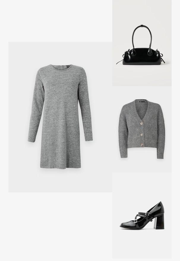 ONLY Petite ONLZOEY CARDIGAN - Vest - dark grey melange; Langarm, lichtgrijze, gebreide jurk met ronde halslijn en een rits aan de achterkant.; Glanzende zwarte Mary Jane hoge hak schoen met drie gespsluitingbandjes en een stevige blokhak, zijaanzicht tegen een witte achtergrond.; Kleine zwarte glanzende handtas met twee lange hengsels en zijkant trekkoord details op een effen lichte achtergrond.