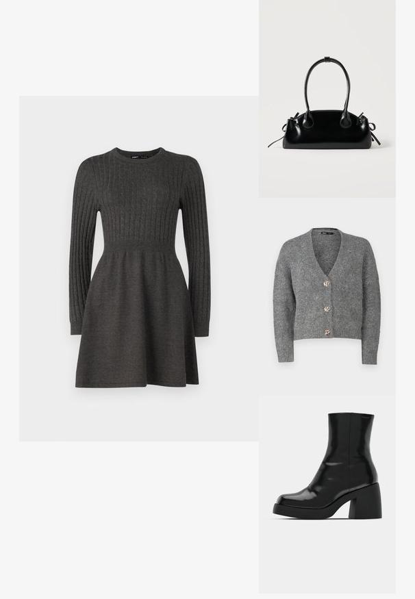 ONLY Petite ONLZOEY CARDIGAN - Strickjacke - dark grey melange; Dunkelgraues Strickkleid mit geripptem Muster, langen Ärmeln, rundem Ausschnitt und einem taillierten Oberteil, das in einen Rock ausläuft.; Schwarze Stiefeletten mit glänzender Oberfläche, quadratischer Zehenpartie und dicker Blockabsatz. Das Design zeichnet sich durch eine nahtlose Silhouette und minimalistische Markenkennzeichnung aus.; Kleine schwarze glänzende Handtasche mit zwei langen Griffen und seitlichen Kordelzug-Details vor einfachem hellem Hintergrund.