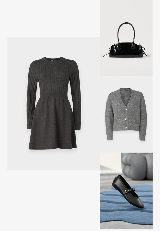 ONLY Petite ONLZOEY CARDIGAN - Kardigán - dark grey melange; Tmavohnedé pletené šaty s rebrovanou textúrou, dlhými rukávmi, okrúhlym výstrihom a priliehavým korzetom, ktorý prechádza do sukne.; Čierna Mary Jane topánka s prackou, ktorá pláva nad textúrovaným modrým kobercom so rozmazaným sivým objektom v pozadí.; Malá čierna lesklá kabelka s dvoma dlhými rúčkami a bočnými šnúrkovými detailmi na jednoduchom svetlom pozadí.