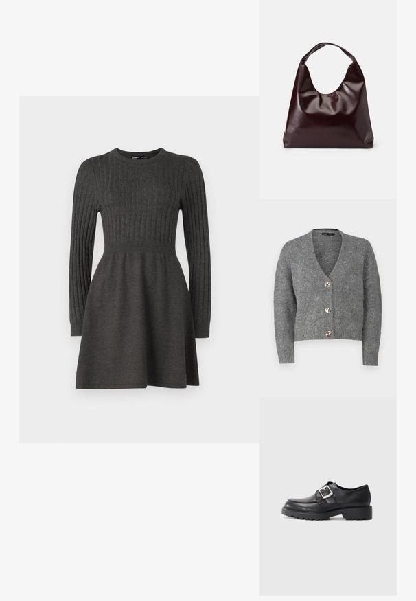 ONLY Petite ONLZOEY CARDIGAN - Kardigán - dark grey melange; Tmavohnedé pletené šaty s rebrovanou textúrou, dlhými rukávmi, okrúhlym výstrihom a priliehavým korzetom, ktorý prechádza do sukne.; Čierne kožené topánky s okrúhlou špičkou, s bočným detailom na pracku a hrubou, robustnou podrážkou. Hladká textúra s minimom šitia.; Burgundská, lesklá vegan kožená taška s mäkkým, sochárskym tvarom a širokým, zakriveným uchom pre jednoduché nosenie.