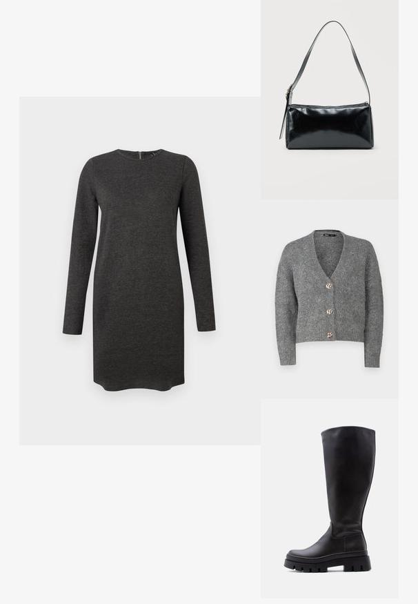 ONLY Petite ONLZOEY CARDIGAN - Kardigan - dark grey melange; Pikkade käistega hall kleit, mis on valmistatud pehmest kangast, ümmarguse kaelusega ja õrna tekstuuriga, taga on tõmbluku detail.; Must nahakummiga üle põlve ulatuv nahasaabas paksu soonilise tallaga ja ümarate varbavahega, nähtav vasakult küljelt tavalise heleda tausta ees.; Must ristkülikukujuline õlakott ühe reguleeritava rihmaga ja ülemise tõmblukuga, ühtlase taustaga.