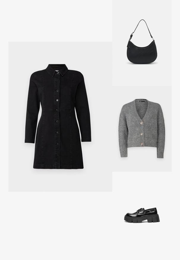ONLY Petite ONLZOEY CARDIGAN - Strickjacke - dark grey melange; Schwarzes Jeanskleid mit Kragen, langen Ärmeln und Knopfverschluss auf der Vorderseite. Verfügt über ein tailliertes Design mit zwei vertikalen Nähten und einem leicht ausgestellten Saum.; Schwarze Lacklederloafer mit einer robusten schwarzen Plattformsohle und dekorativen Ösen. Glatte Textur mit runder Zehenpartie und Schnürdetail.; Schwarze Hobo-Tasche aus glattem Leder mit einer geschwungenen Silhouette, ausgestattet mit einem einzelnen verstellbaren Trageriemen und minimalistischem Design.