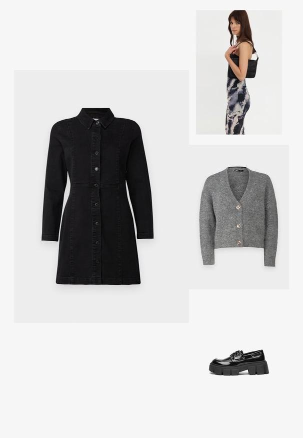 ONLY Petite ONLZOEY CARDIGAN - Kardigan - dark grey melange; Must musta kleit, millel on kraega kaelus, pikad varrukad ja esipaneelis nupud. Omab sobivat disaini kahe vertikaalse õmblusega ja kergelt laienevat hems.; Must musta nahklofer musta paksu platvorme tallaga ja dekoratiivsete silmadega. Sile tekstuur, ümar nina ja nööridega detail.; Mustast tepitud õlakotist, millel on üks rihm ja hõbedane riistvara, koos mustri ja koorevärvi triibulise kleidiga, mis on kehakujuline.