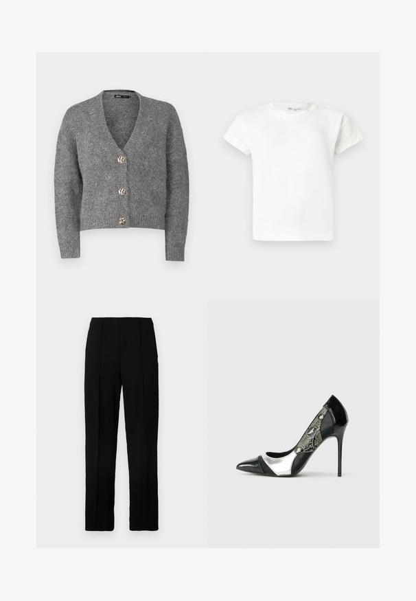 ONLY Petite ONLZOEY CARDIGAN - Strickjacke - dark grey melange; Schlichtes weißes T-Shirt mit kurzen Ärmeln und Rundhalsausschnitt, gerader Saum, präsentiert vor einem hellgrauen Hintergrund.; Schwarze Hosen mit geradem Bein, hergestellt aus einem glatten Stoff, mit zwei vorderen Falten und einem sauberen Bund.; Schwarzer und silberner High-Heel-Pumps mit einer spitzen Zehenpartie, ausgestattet mit einem Mesh-Seitenpaneel im Schlangenleder-Muster und einem eleganten Stiletto-Absatz.