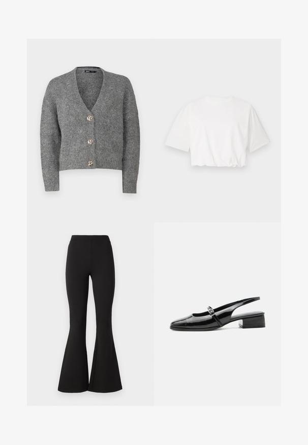 ONLY Petite ONLZOEY CARDIGAN - Kardigan - dark grey melange; Valge lühike t-särk, lühikeste puhvärvlitega, ümmarguse kaelusega ja kogutud alumise servaga, valmistatud pehmest puuvillast kangast.; Mustad flare-lahus, mis on valmistatud venivast kangast, kõrge vöökoht ning siledat tekstuuri, kitsenevad pahkluude juures laieneva põlveosaga.; Mustast lakknahast slingback-king madala plokksandaali ja õhukese rihmaga, millel on peal hõbedane pandlaga kinnis.