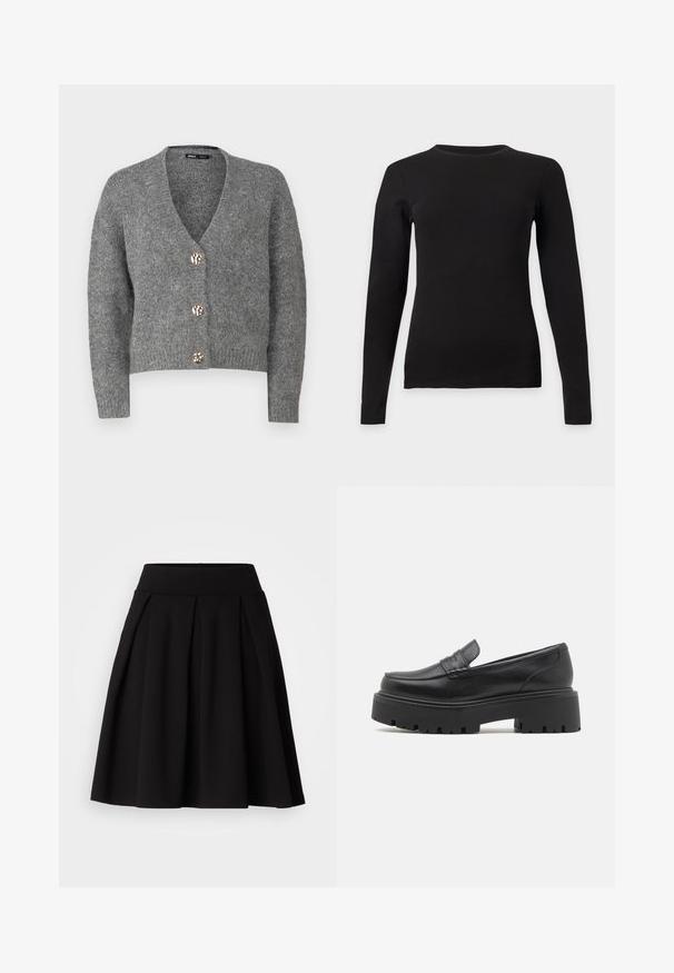 ONLY Petite ONLZOEY CARDIGAN - Strickjacke - dark grey melange; Schwarzes, enganliegendes Langarmshirt mit Rundhalsausschnitt und glatter Textur, flach auf einem hellgrauen Hintergrund dargestellt.; Schwarzer, plissierter Rock aus weichem Stoff, mit hohem Bund und ausgestellter A-Linienform, geeignet für verschiedene Anlässe.; Schwarze Lederloafers mit einer niedrigen, dicke Gummisohle, gesteppten Details im Obermaterial und einer glatten Textur.