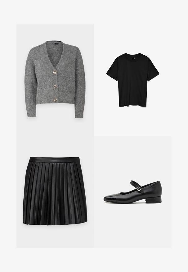 ONLY Petite ONLZOEY CARDIGAN - Chaqueta de punto - dark grey melange; Camiseta negra de manga corta con cuello redondo, diseño liso, mostrada extendida sobre un fondo blanco.; Mini falda de piel negra con pliegues, con una cinturilla suave, que presenta pliegues verticales y un diseño limpio y estructurado.; Zapatos Mary Jane de cuero negro con puntera de charol, correa de tobillo ajustable y tacón bajo. Textura suave y diseño elegante.