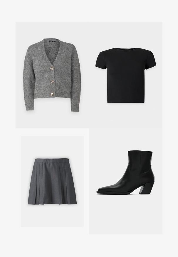 ONLY Petite ONLZOEY CARDIGAN - Kardigán - dark grey melange; Čierny krátky rebrovaný crop top s okrúhlym výstrihom, zobrazený na jednofarebnom svetlom pozadí.; Sivá skladaná sukňa vyrobená z textúrovaného materiálu, s pásom a skrytým zipsom. Obsahuje rovnomerne rozložené sklady pre štruktúrovaný vzhľad.; Čierna kožená členková topánka s špicatou špičkou, elegantným siluetou a masívnym štvorecovým podpätkom. Hladký povrch s minimálnymi švovými detailmi.