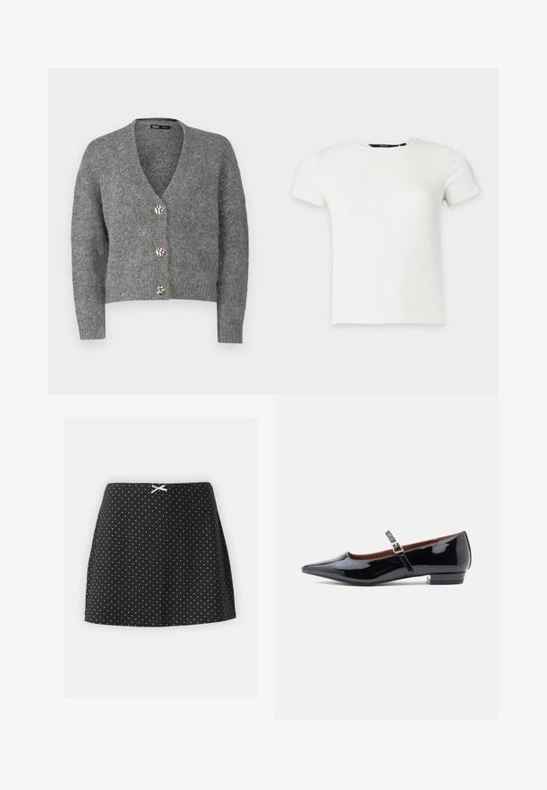 ONLY Petite ONLZOEY CARDIGAN - Kardigán - dark grey melange; Biele krátkym rukávom rebrované pletené tričko s okrúhlym výstrihom, zobrazené na jednoduchom svetlosivom pozadí.; Čierna sukňa s bielymi bodkami, s naťahovacím pásom a malou dekoratívnou stužkou vpredu. Krátky a rozšírený strih.; Čierne lakované ležérne balerínky Mary Jane s špicatou špičkou a malým opätkom, vybavené nastaviteľným remienkom so zlatou sponou.