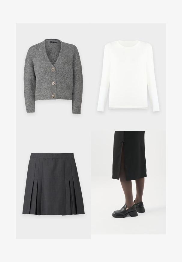 ONLY Petite ONLZOEY CARDIGAN - Strickjacke - dark grey melange; Langärmeliges weißes T-Shirt aus weichem Stoff, mit rundem Ausschnitt und geradem Saum, ohne sichtbare Muster oder Verzierungen.; ONLY ONLMARION PLEAT SKIRT - Minirock - dark grey melange; Frau trägt schwarze Loafers mit klobigem Absatz, schwarze transparente Strumpfhosen und einen schwarzen Rock mit Schlitz hinten vor weißem Hintergrund.