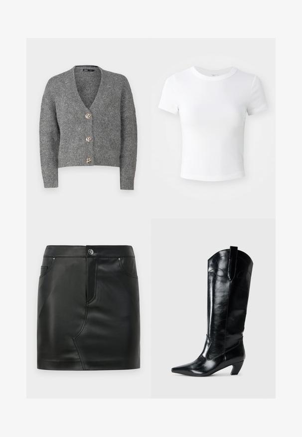 ONLY Petite ONLZOEY CARDIGAN - Vest - dark grey melange; Effen witte cropped t-shirt met korte mouwen en ronde hals, weergegeven op een neutrale lichte achtergrond.; Zwarte nepleer mini-rok met een voorknop, ritsluiting, voor- en achterkant zakken, en naaddetail.; Zwarte leren kniehoge laarzen met een spitse neus, lage hak en decoratieve stiksels aan de zijkanten. Gladde glanzende afwerking.