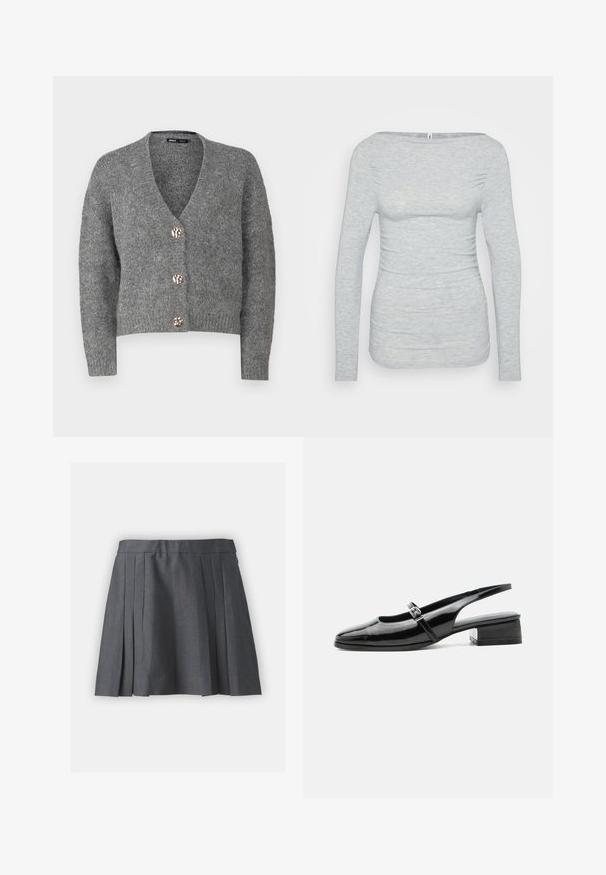 ONLY Petite ONLZOEY CARDIGAN - Kardigán - dark grey melange; Svetlo šedý dlhý rukáv top vyrobený z mäkkého, textúrovaného materiálu. Má lodičkový výstrih a nariasené bočné detaily, ktoré vytvárajú priliehavý siluetu.; Sivá skladaná sukňa vyrobená z textúrovaného materiálu, s pásom a skrytým zipsom. Obsahuje rovnomerne rozložené sklady pre štruktúrovaný vzhľad.; Čierna lodička slingback z lesklej kože s nízkym širokým podpätkom a tenkým remienkom so striebornou prackou na vrchu.