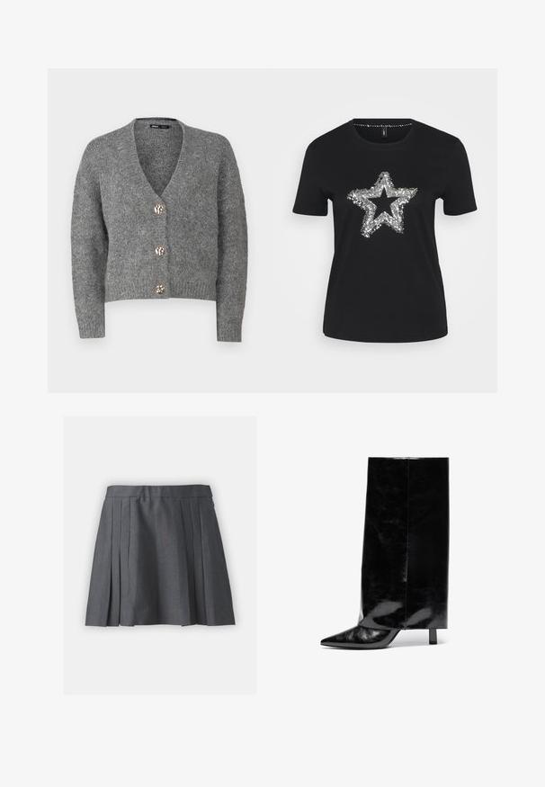 ONLY Petite ONLZOEY CARDIGAN - Kardigán - dark grey melange; Čierne tričko vyrobené z bavlny, s dizajnom striebornéj flitrovej hviezdy na prednej strane. Krátke rukávy a okrúhly výstrih.; Sivá skladaná sukňa vyrobená z textúrovaného materiálu, s pásom a skrytým zipsom. Obsahuje rovnomerne rozložené sklady pre štruktúrovaný vzhľad.; Čierne kožené členkové topánky s špicatou špicou a blokovým podpätkom, s vysokým lesklým zvrškom a textúrovaným povrchom na dolnej časti.