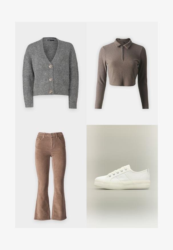 ONLY Petite ONLZOEY CARDIGAN - Strickjacke - dark grey melange; ONLY Petite ONLNELLA HALF ZIP - Langarmshirt - carafe; Braune Corduroy Schlaghose mit gerippter Textur, hohe Taille, fünf Taschen und Knopfverschluss vorne.; Weißer Sneaker mit niedrigem Schaft, dicker gerippter Sohle, Schnürung vorne und Zuglasche an der Ferse vor neutralem Hintergrund.