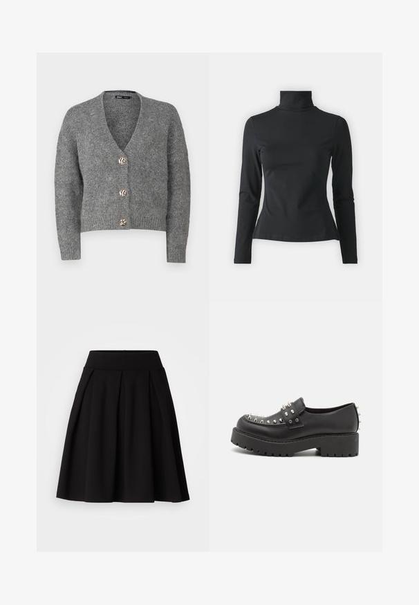ONLY Petite ONLZOEY CARDIGAN - Strickjacke - dark grey melange; Even&Odd Petite by Zalando Langarmshirt - black; Schwarzer, plissierter Rock aus weichem Stoff, mit hohem Bund und ausgestellter A-Linienform, geeignet für verschiedene Anlässe.; Monki Slipper - black dark