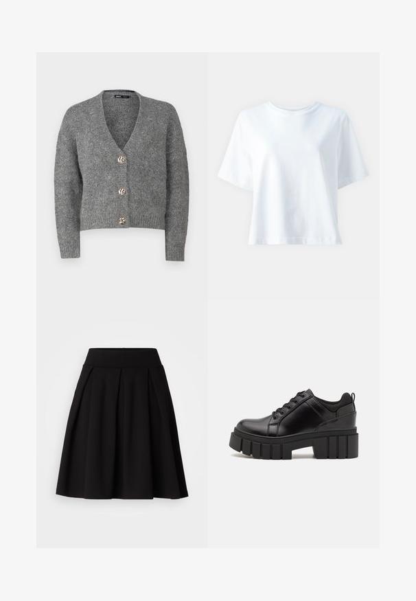 ONLY Petite ONLZOEY CARDIGAN - Strickjacke - dark grey melange; Weißes Baumwoll-T-Shirt mit Rundhals, kurzen Ärmeln, lockerer Passform und glatter Textur. Keine Muster oder Akzente sichtbar.; Schwarzer, plissierter Rock aus weichem Stoff, mit hohem Bund und ausgestellter A-Linienform, geeignet für verschiedene Anlässe.; Schwarze Lederplateauschuhe mit klobigem Blockabsatz, runder Zehenpartie und traditionellem Schnürdesign. Verfügt über eine glatte Textur und minimale Details.