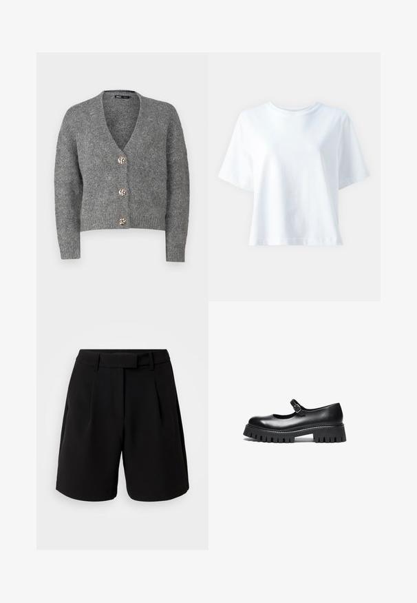 ONLY Petite ONLZOEY CARDIGAN - Vest - dark grey melange; Witte katoenen t-shirt met een ronde hals, korte mouwen, een comfortabele pasvorm en een gladde textuur. Geen patronen of accenten zichtbaar.; Zwarte op maat gemaakte shorts, gemaakt van een gladde stof, met een hoge taille, plooien, ceintuurlussen en zijzakken, met een strakke afwerking.; Zwarte leren Mary Jane-schoen met een ronde neus, enkelband en een chunky rubberen zool met geribbelde details.