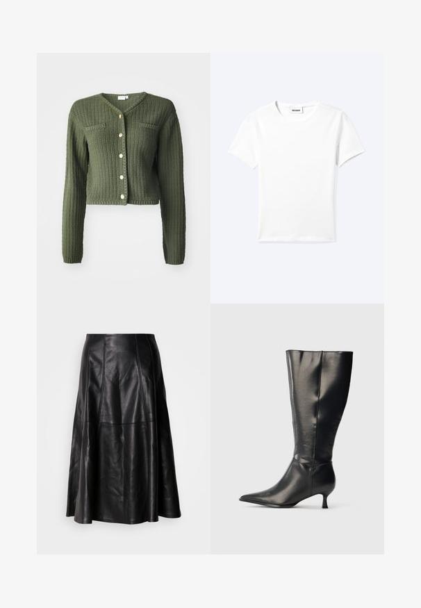 Cárdigan de punto verde oscuro con cuello en V, mangas largas y diseño corto. Cuenta con botones en la parte delantera y dos bolsillos en el pecho.; Camiseta blanca lisa de manga corta con cuello redondo y una pequeña etiqueta "WEEKDAY" dentro del cuello, mostrada extendida sobre un fondo claro.; Falda de cuero negro con una silueta acampanada, que presenta costuras visibles y una textura suave. Diseño de longitud media con un corte clásico.; Bota negra de cuero hasta la rodilla, con punta afilada y tacón bajo tipo kitten, mostrada sobre un fondo claro y sencillo.