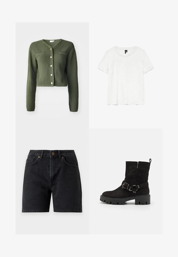 Mørkegrøn strikket cardigan med V-udskæring, lange ærmer og cropped design. Har frontknapper og to brystlommer.; Hvid kortærmet t-shirt med rund halsudskæring, lavet af letvægtsstof. Enkel design, glat tekstur og lige kant.; Sorte denimshorts med frontknap og lynlås, bæltestropper og to forlommer.; Sorte suede ankelstøvler med en tyk platformsål, der har en justerbar spænde rem og dekorative metal accenter.