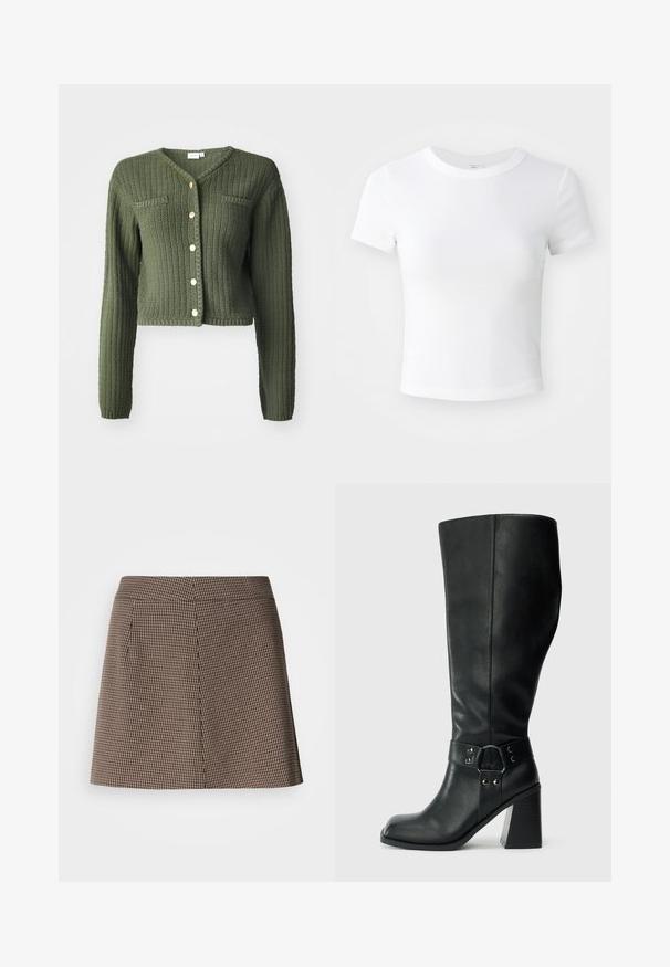 Mørkegrøn strikket cardigan med V-udskæring, lange ærmer og cropped design. Har frontknapper og to brystlommer.; Simpel hvid kortærmet cropped t-shirt med rund halsudskæring, præsenteret på en neutral lys baggrund.; Brun og sort hundetand mønster mini nederdel med lige pasform og foran sømdetalje på hvid baggrund.; Knæhøje sorte læderstøvler med firkantet tå, bred hæl og en dekorativ rem med metalaccenter omkring anklen. Glat tekstur.