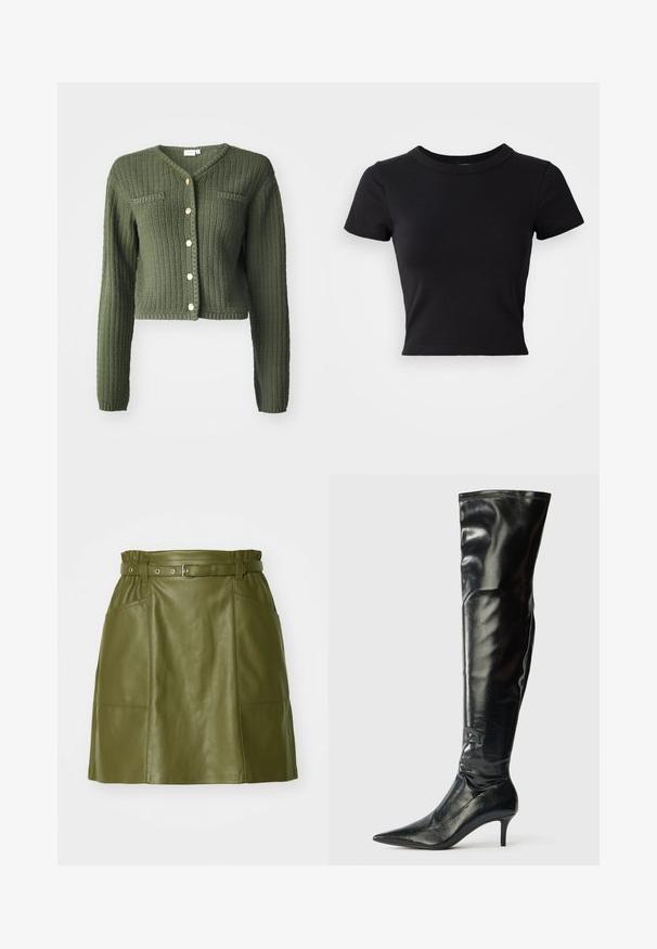 Cárdigan de punto verde oscuro con cuello en V, mangas largas y diseño corto. Cuenta con botones en la parte delantera y dos bolsillos en el pecho.; Camiseta corta negra hecha de algodón sólido, con mangas cortas y un cuello redondo, de diseño suave y sencillo.; Falda de cuero verde oliva con cintura ceñida, que presenta dos bolsillos frontales y una textura suave. Silueta en A con un diseño moderno.; Botas de cuero negro hasta la rodilla con un acabado brillante, punta afilada y un tacón de aguja delgado. Presentan una parte superior ajustada con detalles de costura.