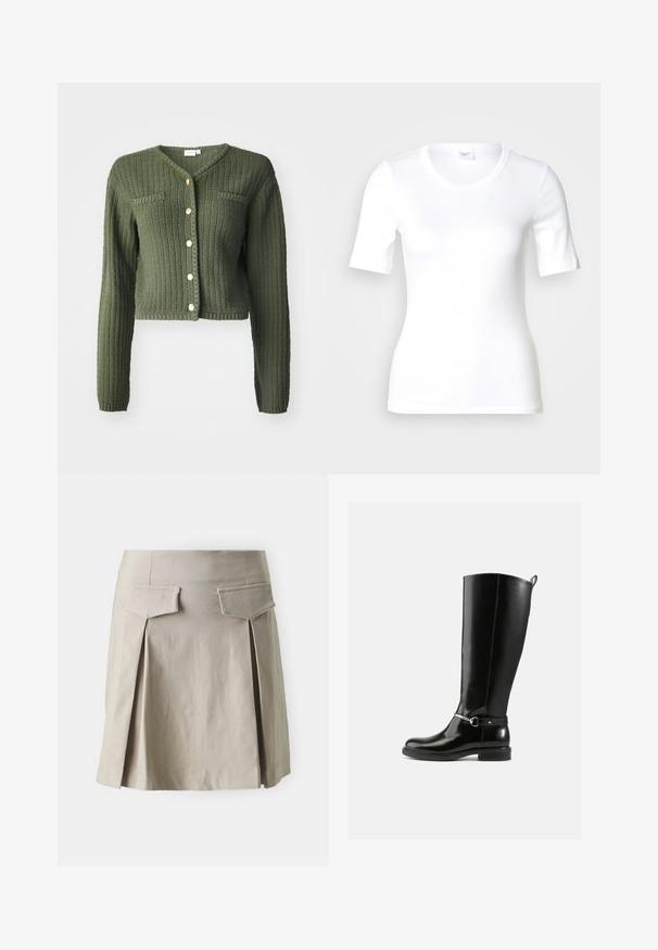 Mørkegrøn strikket cardigan med V-udskæring, lange ærmer og cropped design. Har frontknapper og to brystlommer.; Hvid T-shirt med korte ærmer lavet af glat bomuld, med rund halsudskæring og en tætsiddende pasform. Klassisk design uden mønstre eller detaljer.; Beige plisseret nederdel med lige snit, der har to baglommer og en glat tekstur. Stofen ser let og afslappet ud.; Sorte knæhøje støvler lavet af blankt læder med en sølvfarvet spænde ved anklen og rundet snude. Flad sål.