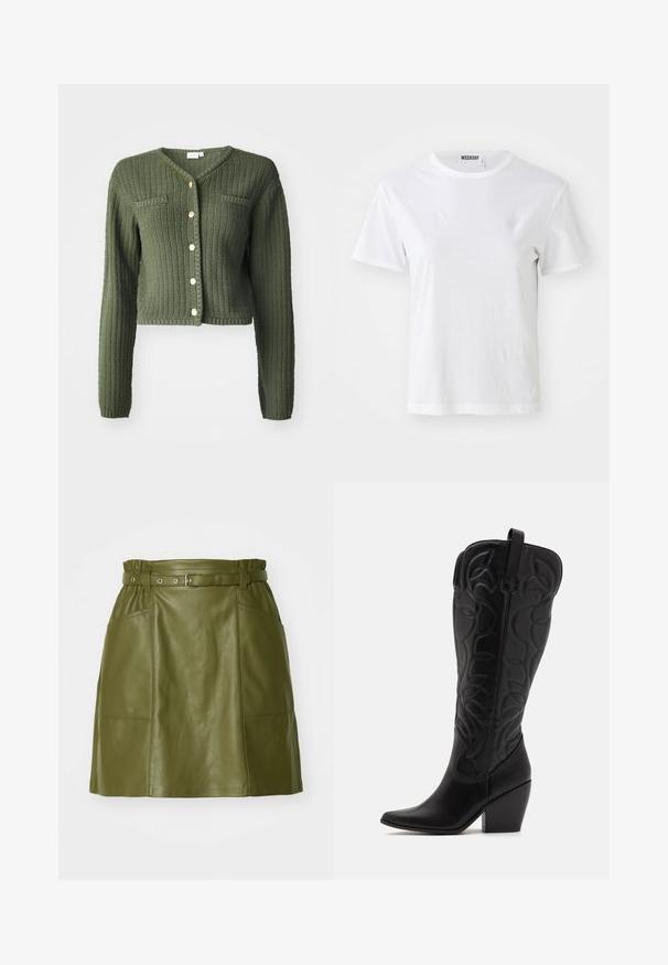 Cárdigan de punto verde oscuro con cuello en V, mangas largas y diseño corto. Cuenta con botones en la parte delantera y dos bolsillos en el pecho.; Camiseta blanca de manga corta hecha de una tela suave. Cuenta con un escote redondo y un corte recto, con una etiqueta en el cuello interior.; Falda de cuero verde oliva con cintura ceñida, que presenta dos bolsillos frontales y una textura suave. Silueta en A con un diseño moderno.; Botas negras de cuero hasta la rodilla con punta puntiaguda y tacón apilado. Presentan costuras decorativas y elementos de diseño curvados.