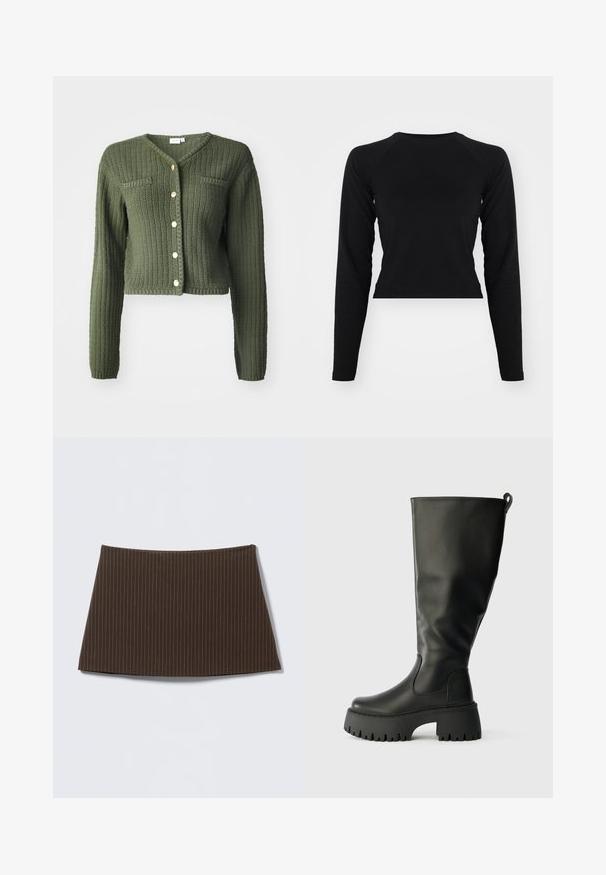 Mørkegrøn strikket cardigan med V-udskæring, lange ærmer og cropped design. Har frontknapper og to brystlommer.; Sort langærmet crop top med rund hals og raglanærmer. Glat tekstur, minimalistisk design og ingen synlige mønstre eller hardware.; Brun nederdel med nålestriber, tætsiddende design, glat tekstur og flared kant, ideel til et skræddersyet look.; Knæhøje sorte gummistøvler med en kraftig sål, glat overflade og en slip-on rem bagpå for nem påtagning. Rund tå-design.