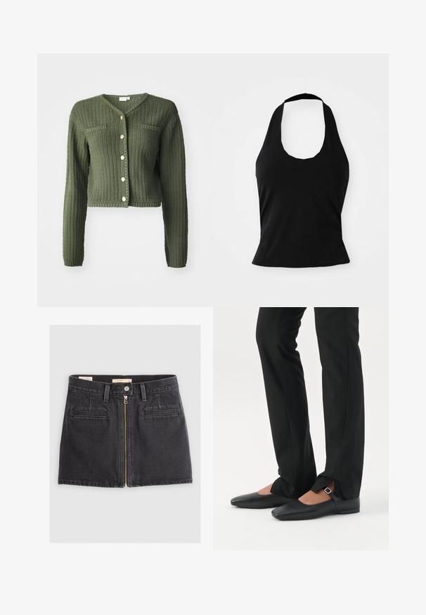 Mørkegrøn strikket cardigan med V-udskæring, lange ærmer og cropped design. Har frontknapper og to brystlommer.; Sort halterneck top lavet af blød stof, med en scoop halsudskæring og en tætsiddende silhuet, med en glat tekstur og uden synlige mønstre.; Sort denim nederdel med en frontlynlås, to frontlommer og et lige snit. Har en let glans og solid syning.; Ben iført sorte smalle bukser med forreste slidser ved kanten, parret med sorte flade Mary Jane-sko med lille spænde.