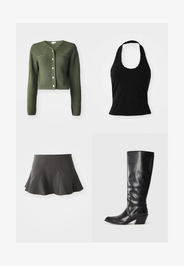 Cárdigan de punto verde oscuro con cuello en V, mangas largas y diseño corto. Cuenta con botones en la parte delantera y dos bolsillos en el pecho.; Top negro tipo halter hecho de una tela suave, con un escote redondeado y una silueta ajustada, con una textura lisa y sin patrones visibles.; Falda negra acampanada con una cintura ajustada, que presenta costuras verticales y una textura suave. El dobladillo es ligeramente curvado y queda por encima del muslo.; Bota de cuero negra hasta la rodilla con punta afilada, tacón angular y textura suave. Presenta un sutil acento de costura a lo largo del costado.